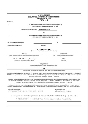 Miniature Alexander's, Inc. 10-Q Rapport trimestriel 2014 