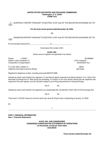 Thumbnail Alico
 10-Q Quarterly Report FY 