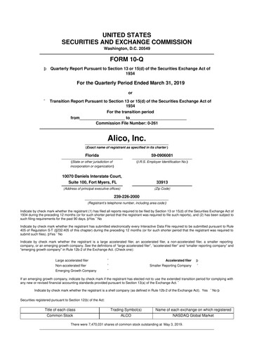 Thumbnail Alico
 10-Q Quarterly Report FY2019 