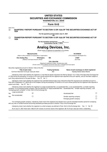 Miniature Analog Devices 10-Q Rapport trimestriel 2021 