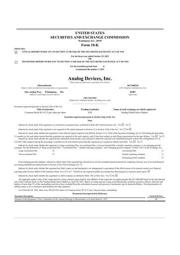 Thumbnail Analog Devices 10-K Annual Report 2022