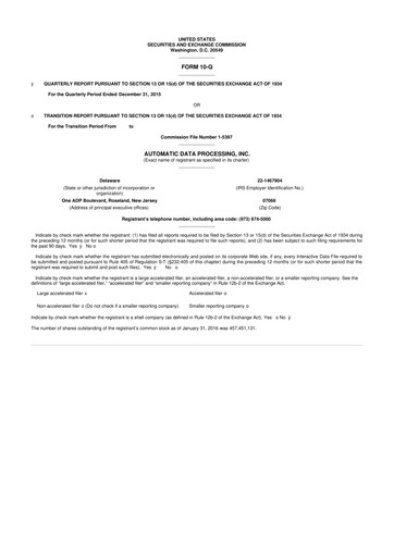Miniature Automatic Data Processing 10-Q Rapport trimestriel 2016 