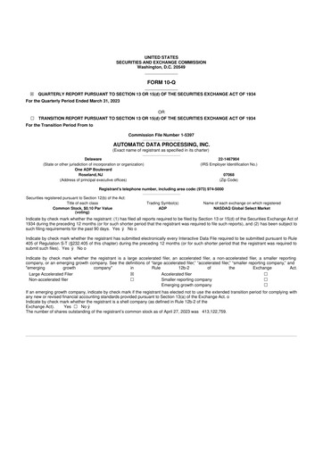 Thumbnail Automatic Data Processing 10-Q Quarterly Report FY 
