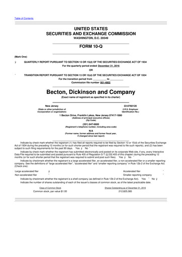 Thumbnail Becton Dickinson 10-Q Quarterly Report FY2017 