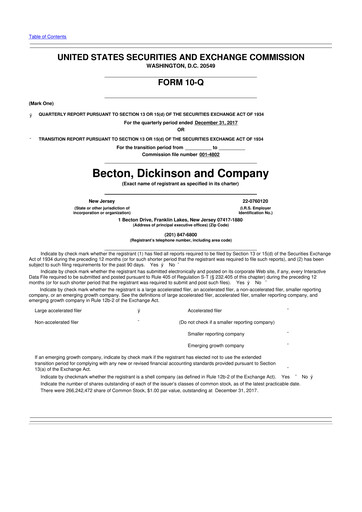 Thumbnail Becton Dickinson 10-Q Quarterly Report FY2018 