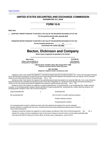 Thumbnail Becton Dickinson 10-Q Quarterly Report FY2018 