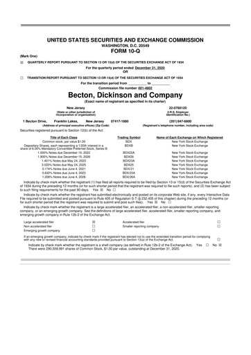 Thumbnail Becton Dickinson 10-Q Quarterly Report FY2021 