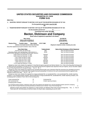 Thumbnail Becton Dickinson 10-Q Quarterly Report FY2021 