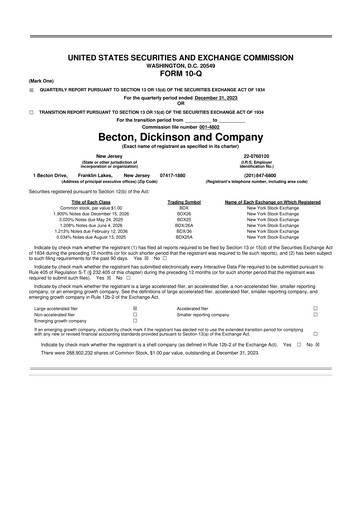 Thumbnail Becton Dickinson 10-Q Quarterly Report FY2024 