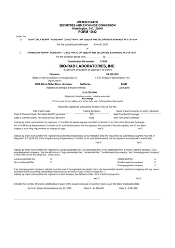 Miniature Bio-Rad Laboratories 10-Q Rapport trimestriel 2020 