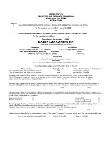 Miniature Bio-Rad Laboratories 10-Q Rapport trimestriel 2023 