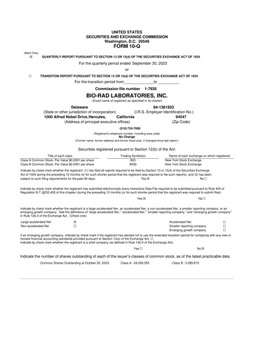 Miniature Bio-Rad Laboratories 10-Q Rapport trimestriel 2023 