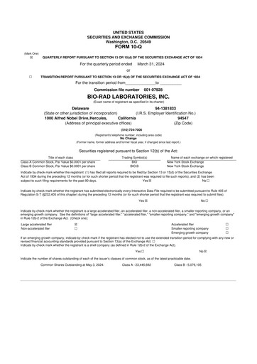 Miniature Bio-Rad Laboratories 10-Q Rapport trimestriel 2024 