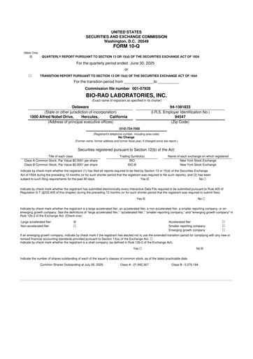 Miniature Bio-Rad Laboratories 10-Q Rapport trimestriel 2025 