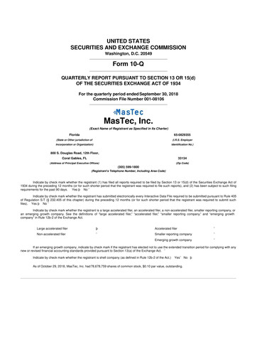 Miniature MasTec 10-Q Rapport trimestriel 2018 