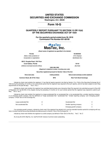 Miniature MasTec 10-Q Rapport trimestriel 2019 
