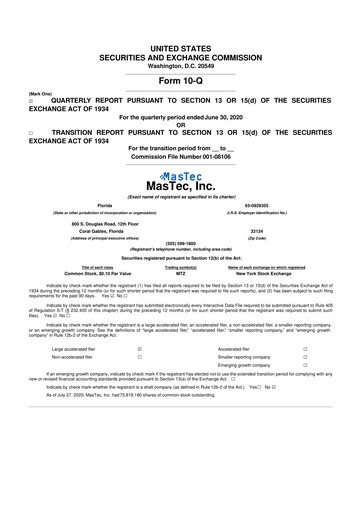 Miniature MasTec 10-Q Rapport trimestriel 2020 