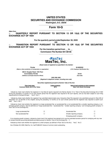 Miniature MasTec 10-Q Rapport trimestriel 2020 