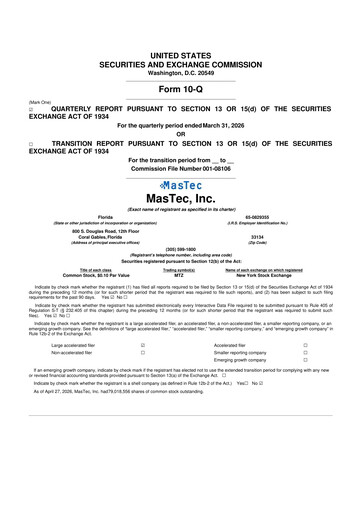 Thumbnail MasTec 10-Q Quarterly Report FY 