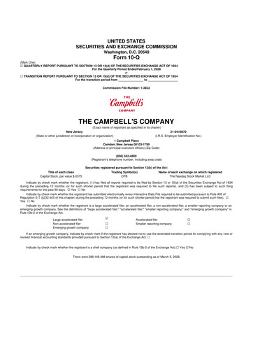 Thumbnail 
Campbell's 10-Q Quarterly Report FY 