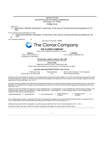 Thumbnail Clorox 10-Q Quarterly Report FY 