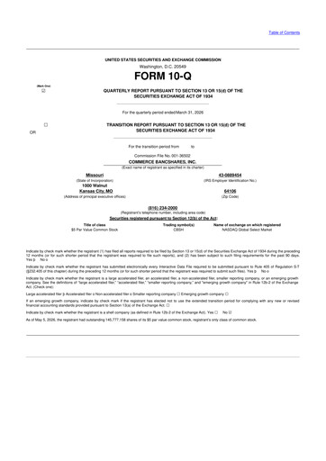 Thumbnail Commerce Bancshares
 10-Q Quarterly Report FY 