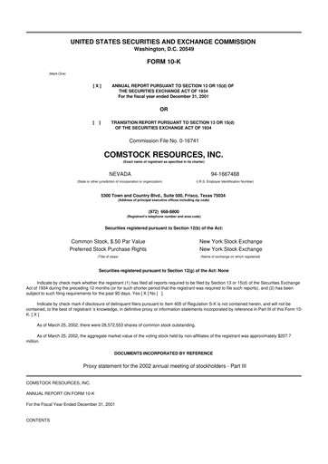 Thumbnail Comstock Resources 10-K Annual Report 2001