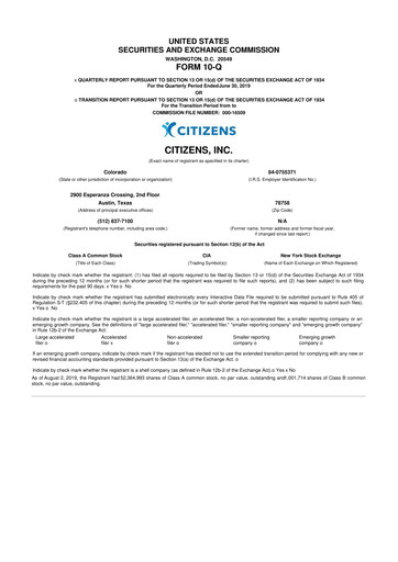 Thumbnail Citizens Inc 10-Q Quarterly Report FY2019 