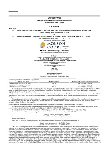 Miniature Molson Coors 10-Q Rapport trimestriel  