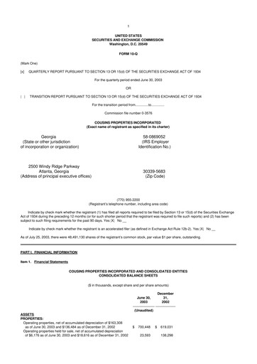 Thumbnail Cousins Properties
 10-Q Quarterly Report FY 