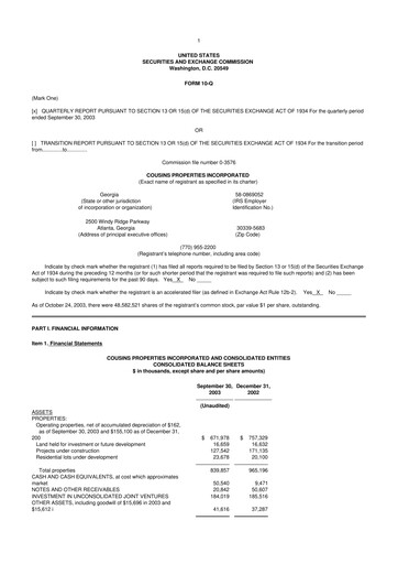 Thumbnail Cousins Properties
 10-Q Quarterly Report FY 