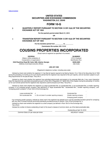 Thumbnail Cousins Properties
 10-Q Quarterly Report FY2018 