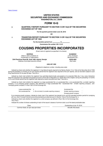 Thumbnail Cousins Properties
 10-Q Quarterly Report FY2018 