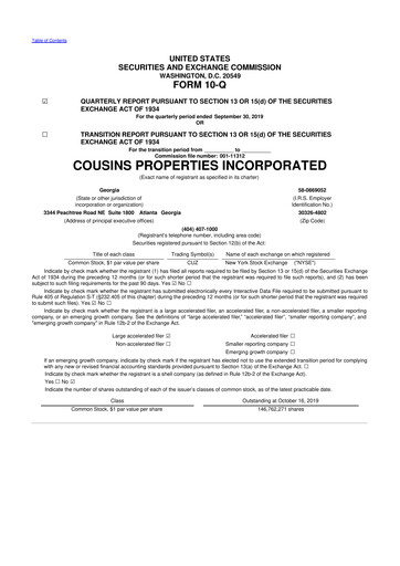 Thumbnail Cousins Properties
 10-Q Quarterly Report FY2019 