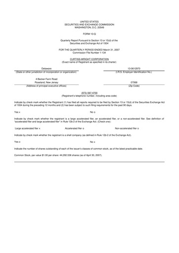 Miniature Curtiss-Wright
 10-Q Rapport trimestriel  