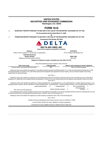 Thumbnail Delta Air Lines 10-Q Quarterly Report FY 