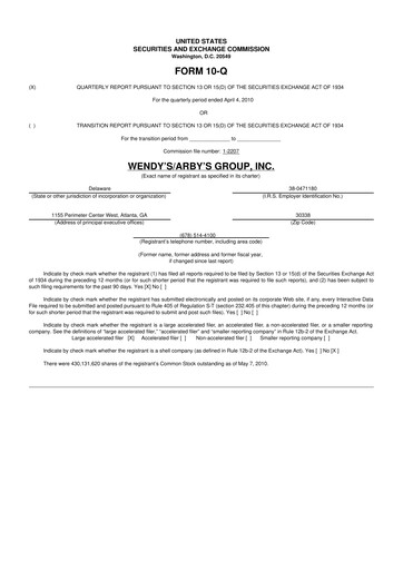 Thumbnail Wendy’s 10-Q Quarterly Report FY 