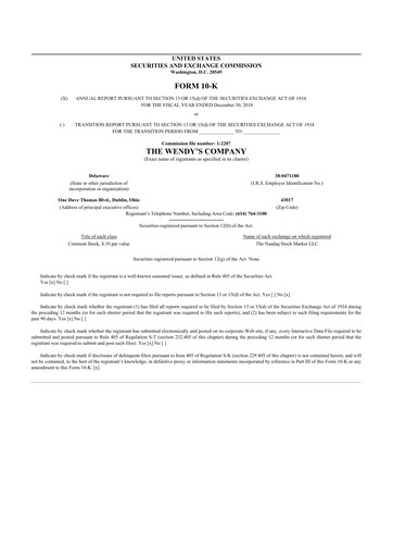 Thumbnail Wendy’s 10-K Annual Report 2018