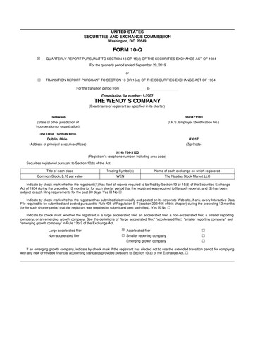 Thumbnail Wendy’s 10-Q Quarterly Report FY2019 