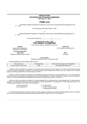 Thumbnail Wendy’s 10-Q Quarterly Report FY2023 