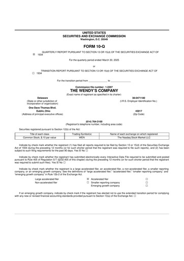 Thumbnail Wendy’s 10-Q Quarterly Report FY2025 