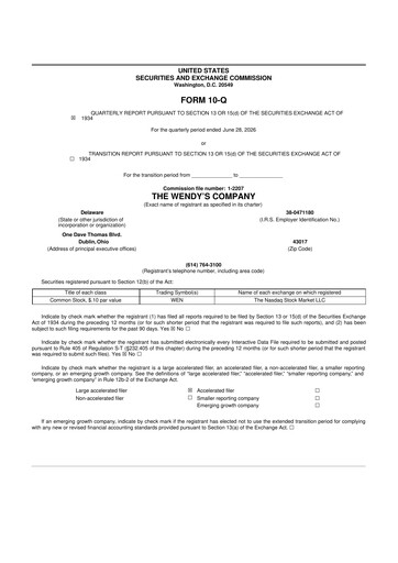 Thumbnail Wendy’s 10-Q Quarterly Report FY2026 
