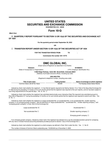 Miniature DMC Global 10-Q Rapport trimestriel 2022 