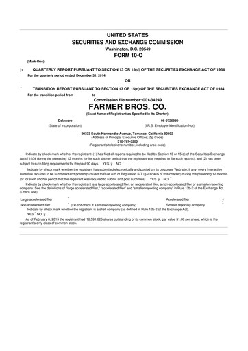 Thumbnail Farmer Brothers
 10-Q Quarterly Report FY2015 