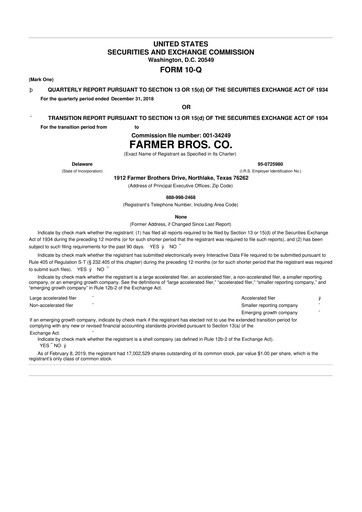 Thumbnail Farmer Brothers
 10-Q Quarterly Report FY2019 