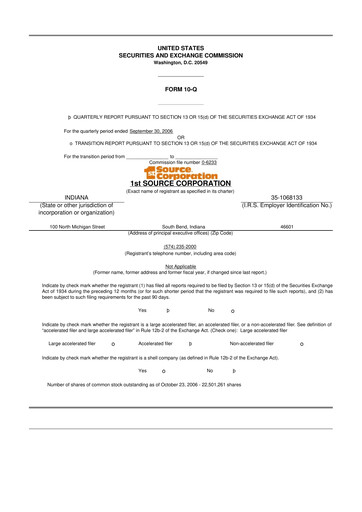 Thumbnail 1st Source
 10-Q Quarterly Report FY 