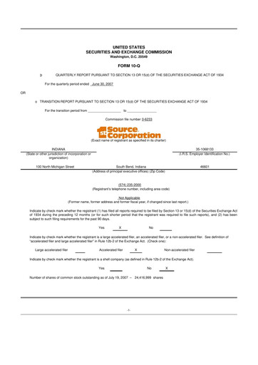 Thumbnail 1st Source
 10-Q Quarterly Report FY 