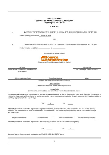 Thumbnail 1st Source
 10-Q Quarterly Report FY 