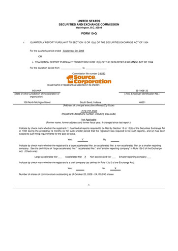 Thumbnail 1st Source
 10-Q Quarterly Report FY 