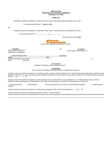 Thumbnail 1st Source
 10-Q Quarterly Report FY 